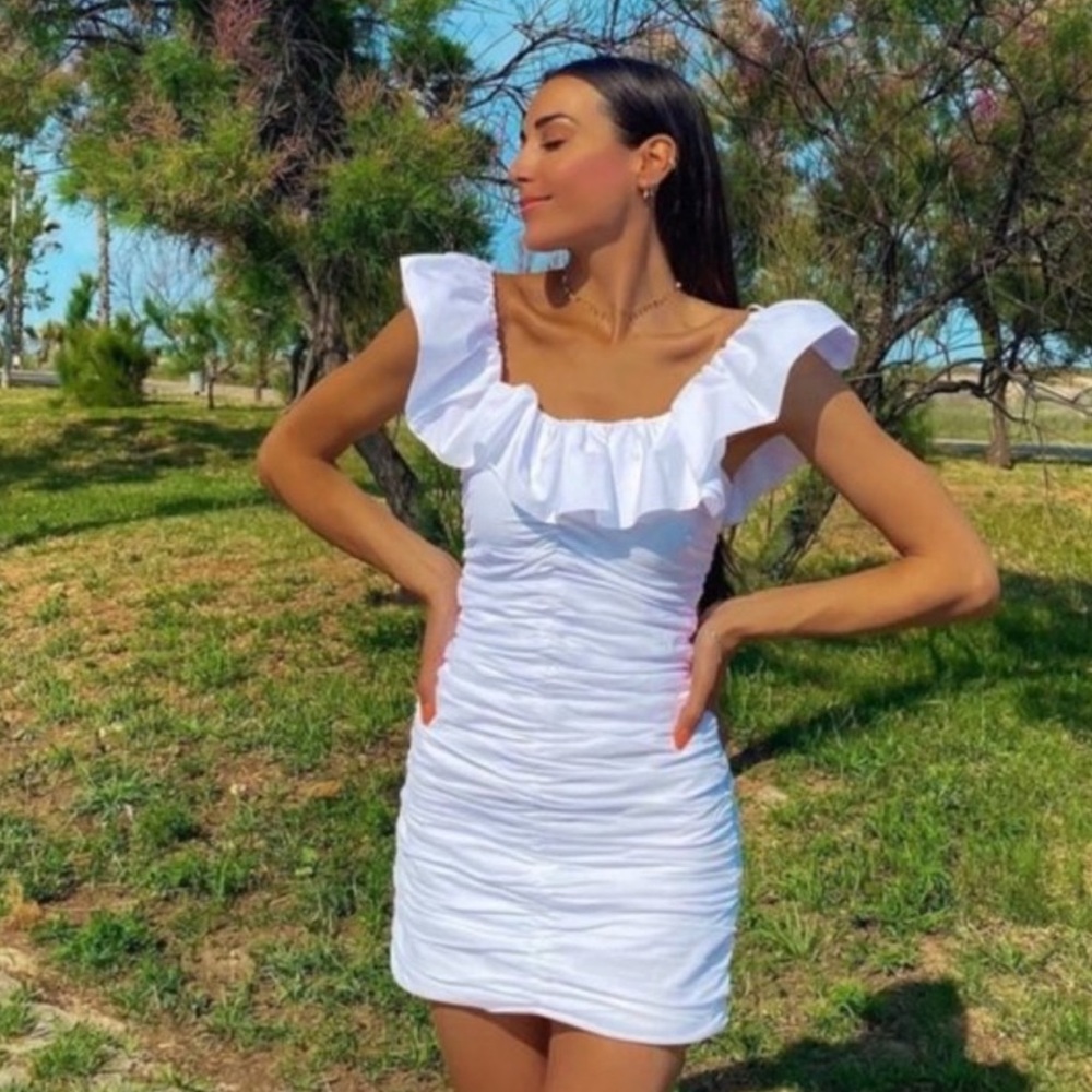 Blogger Favorite Zara White Ruched Mini Dress, M